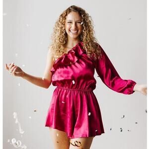 Steve Madden Romper Satin Ruffle One Shoulder Short Fuchsia Pink  Medium